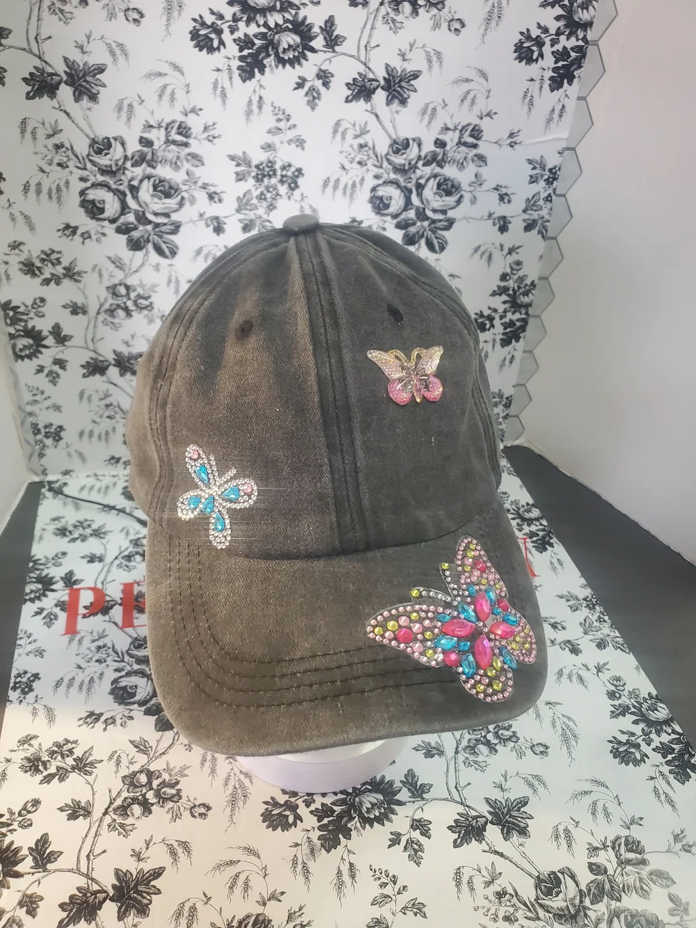 Hand Crafted Black Hat with Pink & Blue Jeweled Butterflies